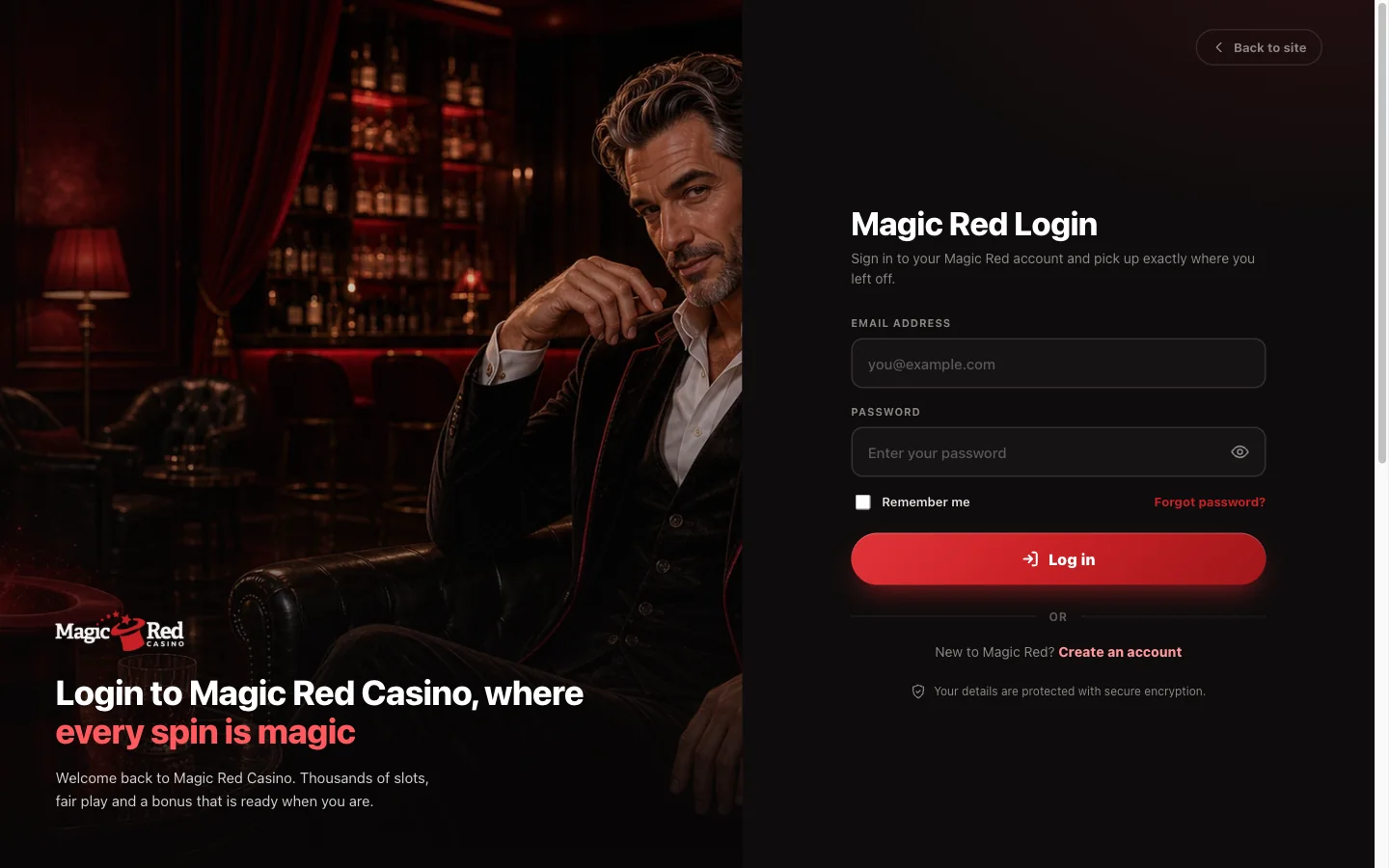 Magic Red Casino sign-in screen on the mobile site