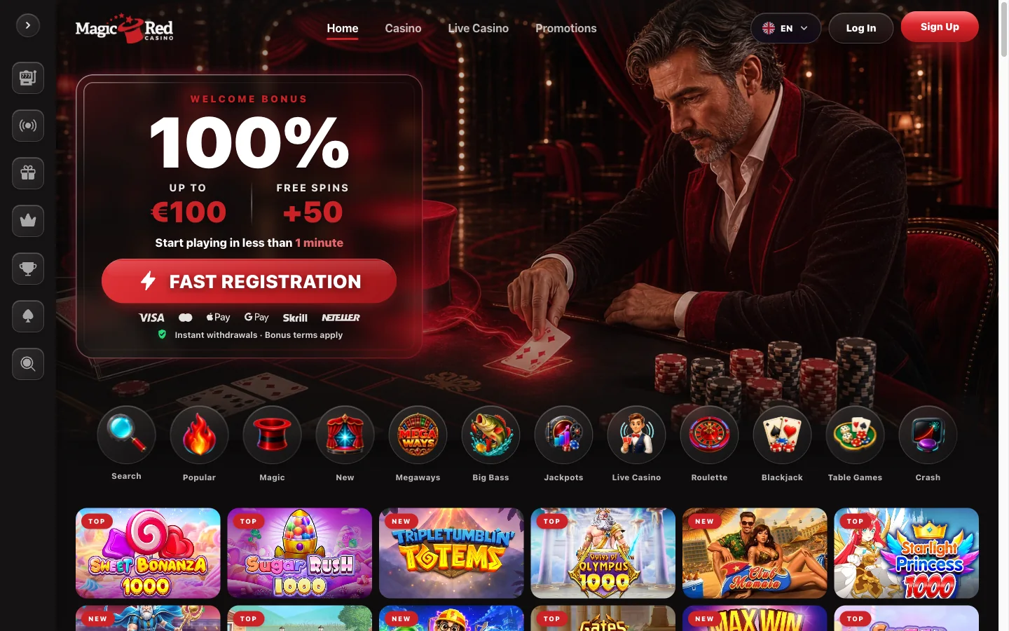 Magic Red Casino home page where the login button sits